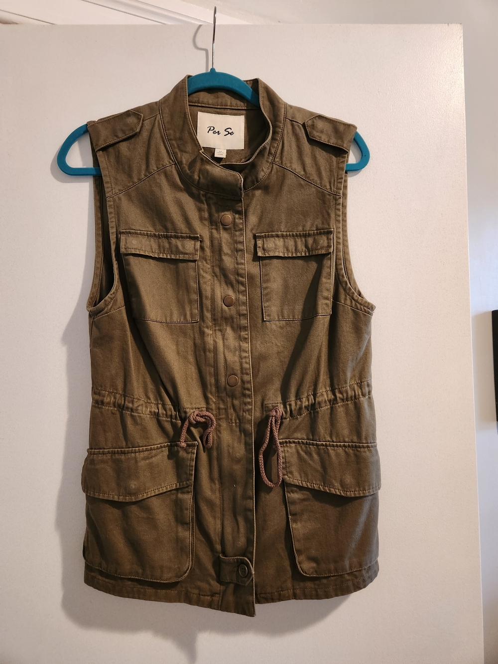 Per Se Olive Utility Drawstring Vest